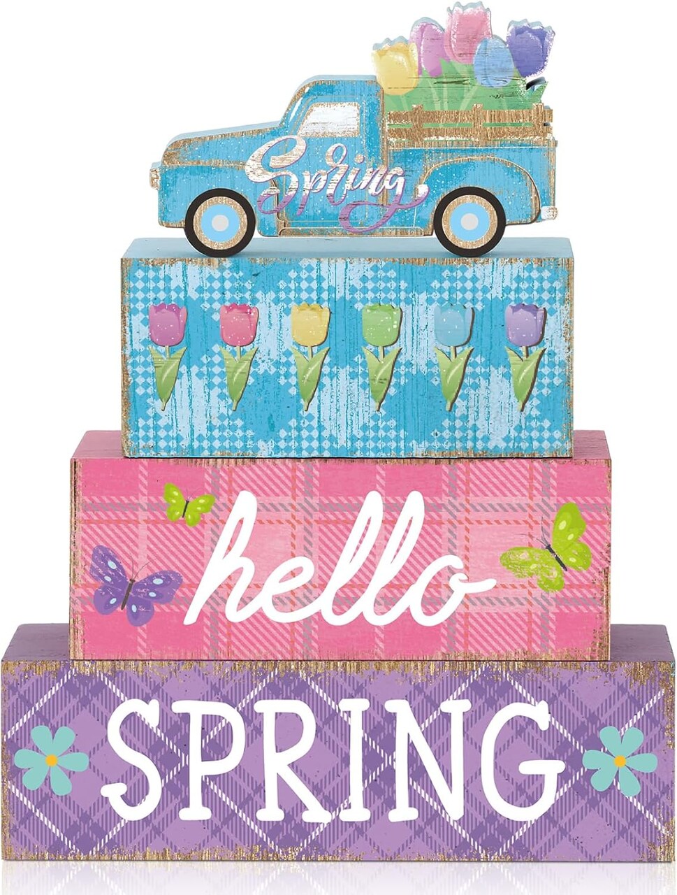 4 Pcs Spring Wooden Table Decor Farmhouse Spring Wood Block Signs Spring Table Centerpiece Hello Spring Tiered Tray Decor Rustic Floral Table Sign for Home Kitchen Shelf Indoor